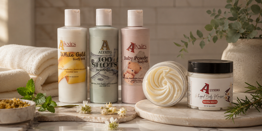 Three Alyxirs moisturizing body lotions and whipped body butter for dry skin care.